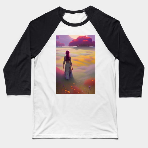 Cute Anime Girl in Field of Red Flowers & Trees Baseball T-Shirt by Trendy-Now